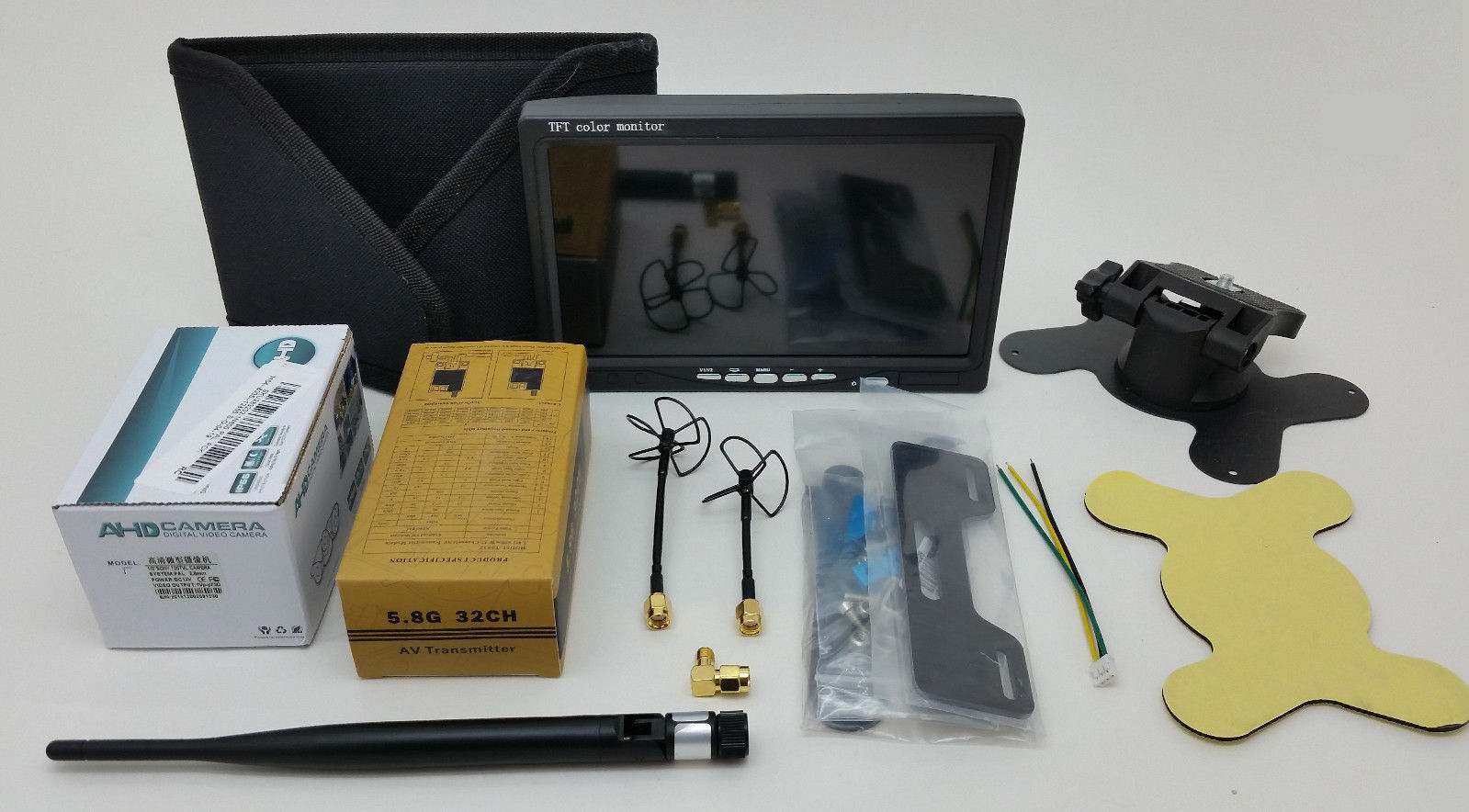 1-2km FPV Component Kit with 7" All-In-One Monitor, 700TVL Camera, 600mW 5.8G Transmitter, and more!